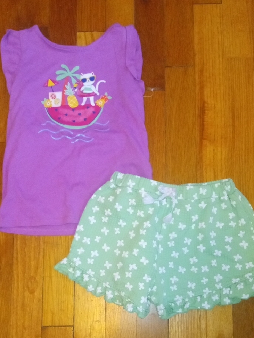 Girls Purple Tank Top and bright Green Floral Shorts Set, 6